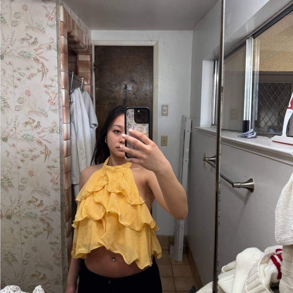 Yellow Ruffle Halter Crop Top - Women
